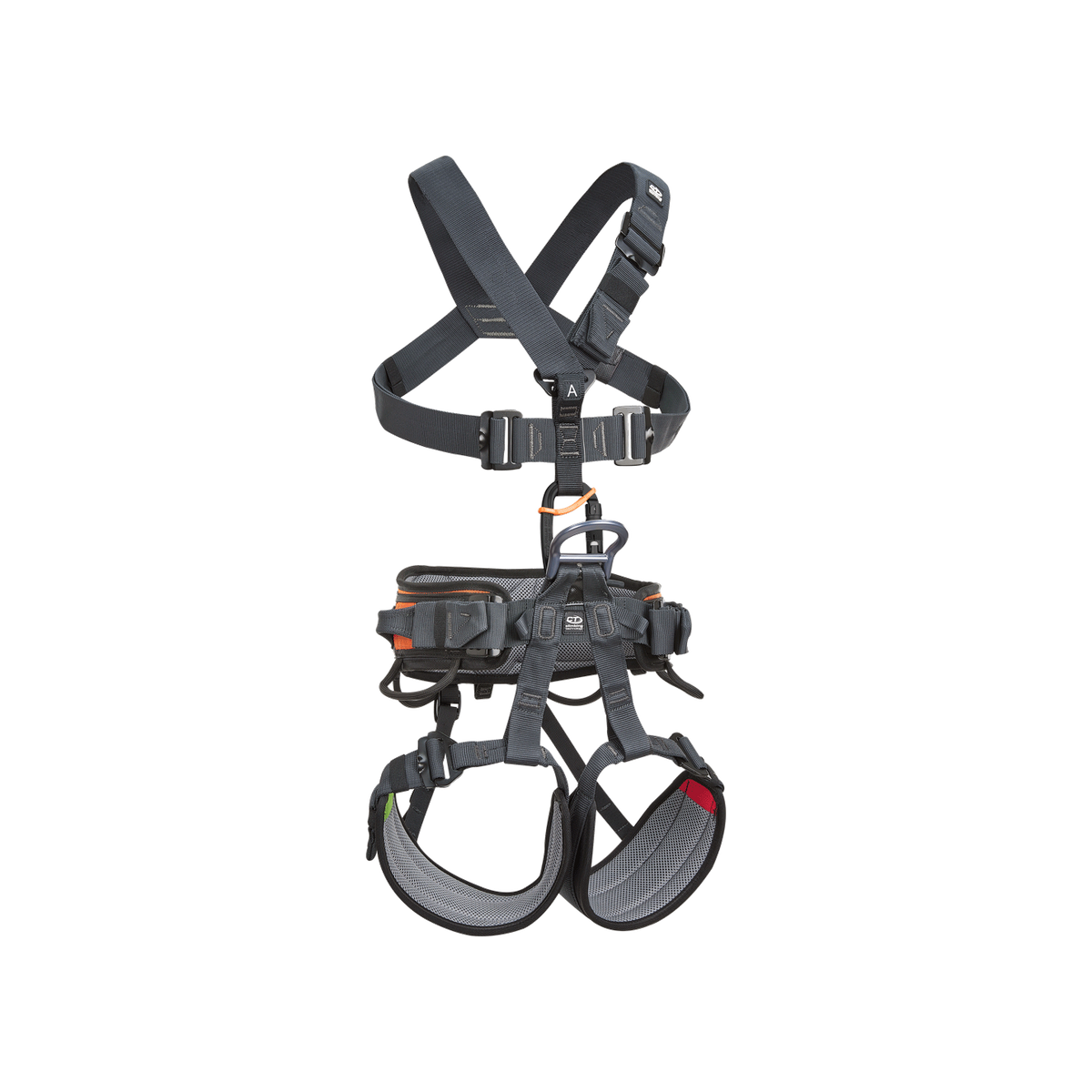 Black climbing harness on a white background